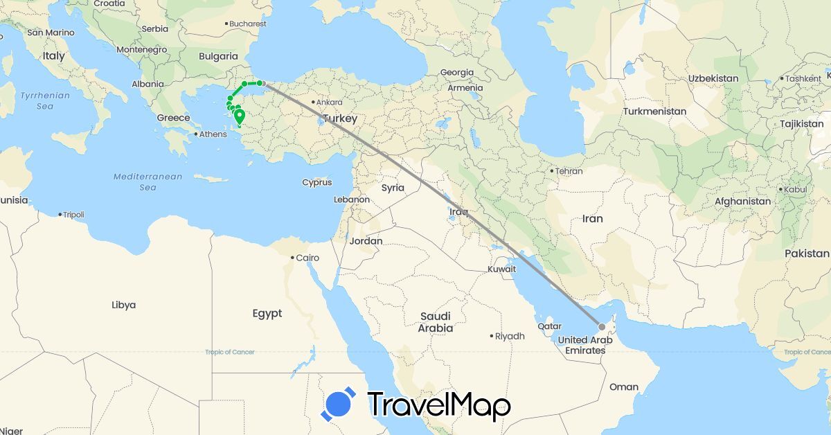 TravelMap itinerary: driving, bus, plane in United Arab Emirates, Turkey (Asia)